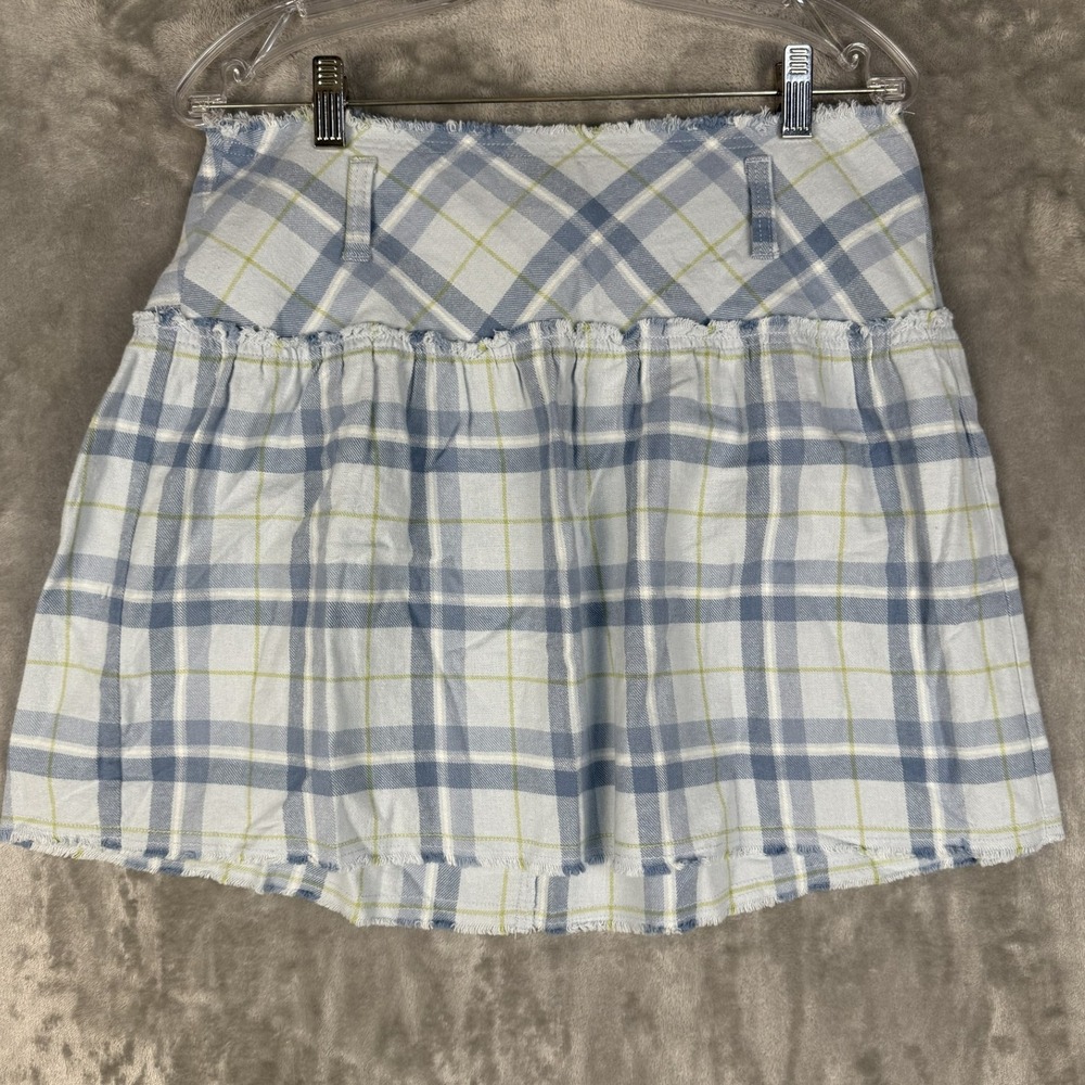 Guess Jeans Plaid Mini Skirt Blue White Yellow Frayed Hem Size 28‎